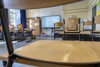 Classroom of a fourth grade, after school, the building is older but in good condition, modern