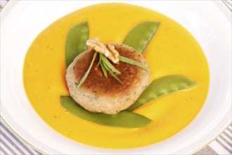 Vegetarian cuisine, walnut cakes on sugar snap peas with pumpkin sauce, sauce, vegetables, snow