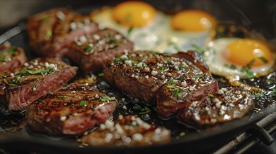 Cast iron pan with thick steak and eggs cooking. generative AI, AI generated