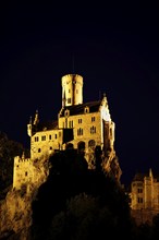 Lichtenstein Castle, night shot, artificial light, fairytale castle of Württemberg, illuminated,