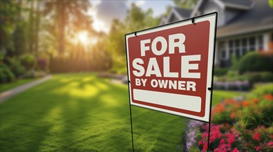 For sale by owner real estate yard sign in front of a beautiful house