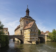 Historic town hall on a bridge over a river in Bamberg in the sunshine, Bamberg