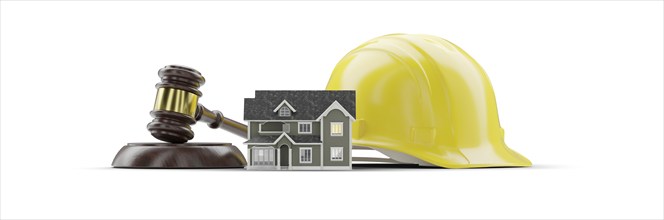 Miniature model house, yellow hard hat and gavel isolated on a white background