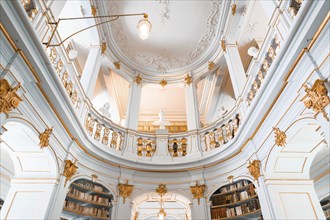 Detailed view of a baroque library with elaborately decorated railings and bookshelves, Weimar,