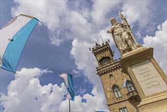 Statue of Liberty on the Liberty Square. Palazzo Pubblico San Marino, also the town hall and seat