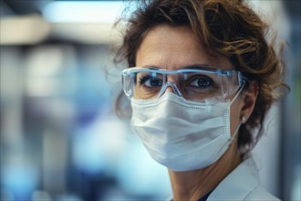 Middle aged female scientist with face mask and protective glasses in lab. Generative Ai, AI