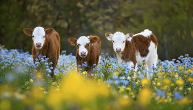 Three brown calves in a flower meadow, cow studio, AI generated