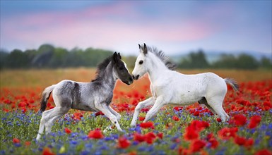 AI generated, Two young foals playing in a flower meadow, Studio, AI generated