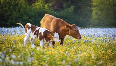 A brown cow and a calf, studio, AI generated