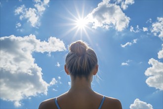 Back view of woman with sun in blue sky. Generative Ai, AI generated