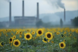 Agricultural field with growing sunflowers and factory with grey fumes in blurry background.