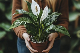 Close up of woman's hands holding potted Peace Lilly houseplant with white flowers. Generative Ai,