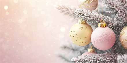 Christmas banner with pink and yellow bauble ornaments on tree. Generative AI, AI generated