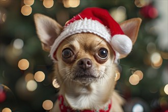 Cute small Chihuahua dog with red santa hat in front of blurry christmas tree Generative Ai, AI