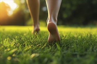 Close up of woman's bare feet walking over grass. Generative Ai, AI generated