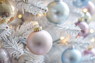 Close up of beautiful pastel colored bauble ornaments on branches of white christmas tree.