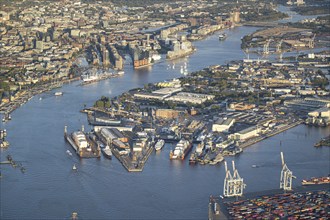 Aerial view of the port of Hamburg with Elbe, Elbe Philharmonic Hall, Speicherstadt, harbour city,