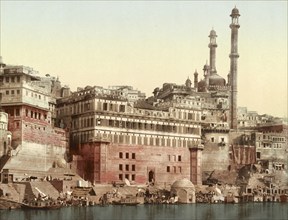 Benares, Varanasi. Aurungzebs Mosque, India, digitally restored reproduction from a 19th century