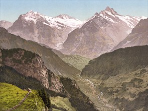 Wetterhorn and Schreckhorn, from Schynige Platte, Bernese Oberland, Switzerland, Historic,