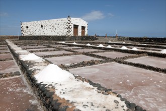 Historic salt works for salt extraction, now the salt museum Museo de la Sal, in the foreground