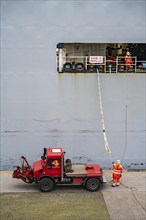 North lock in the overseas harbour of Bremerhaven, the vehicle transporter Durban Highway, under