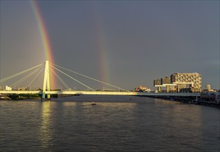 Severin Bridge over the Rhine, Crane Houses, Rainbow, Cologne, North Rhine-Westphalia, Germany,