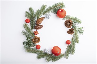 Christmas or New Year wreath composition. Decorations, balls, cones, fir and spruce branches, on