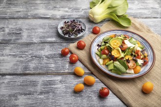 Vegetarian salad of pac choi cabbage, kiwi, tomatoes, kumquat, microgreen sprouts on gray wooden