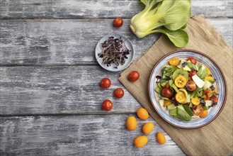 Vegetarian salad of pac choi cabbage, kiwi, tomatoes, kumquat, microgreen sprouts on gray wooden