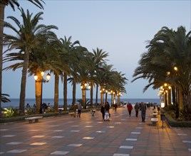 Balcon de Europa terrace in evening town of Nerja, Malaga province, Spain, Europe