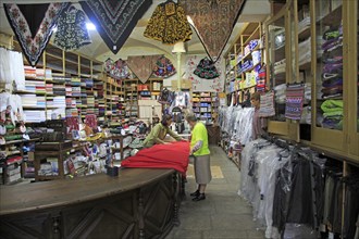 Traditional fabric textiles shop in Trujillo, Caceres province, Extremadura, Spain, Europe