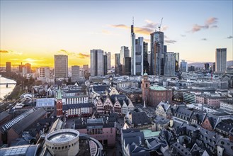 View of the banking district in the evening, skyscrapers of the credit institutions, Mainhatten, in