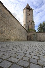 Salwartenturm and historic town fortifications, town wall, cobblestones, ground, view from below,