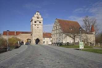 Nördlinger Tor with town fortifications, town wall and historic town mill, town gate, town tower,