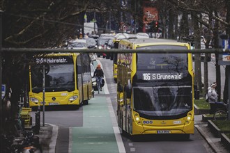 Two BVG buses travel along Schlossstraße in Berlin, 27 February 2024. Berliner Verkehrsbetriebe