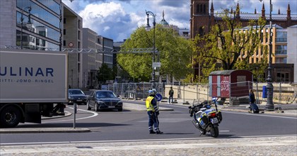 Traffic control, police officers of the motorised traffic squadron, Berlin, Germany, Europe