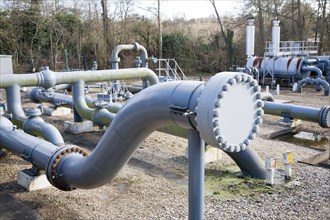 Metal pipes at National Grid gas facility at Langham, Essex, England, United Kingdom, Europe