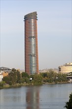 Cajasol Tower office block under construction in La Cartuja area of Seville, Spain viewed from the