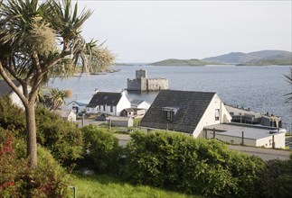 General view of Castlebay the largest settlement in Barra, Outer Hebrides, Scotland, UK looking