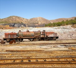 Old rusty abandoned steam train in the Rio Tinto mining area, Minas de Riotinto, Huelva province,