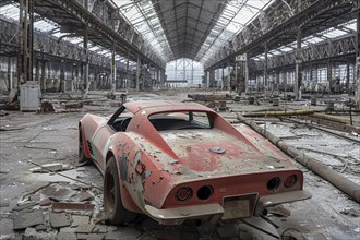 An old, weathered and dusty US-American classic car, wreck, of the type Chevrolet Corvette Stingray