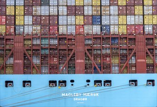 Magleby Maersk container freighter at EUROGATE Container Terminal, Waltershofer Hafen, one of the