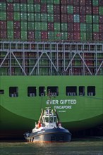 Container ship Ever Gifted, arriving at the port of Hamburg, Waltershofer Hafen, HHLA Container