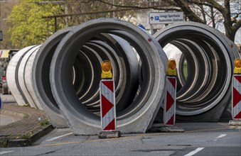 Concrete sewer pipes, stored on a construction site during sewer renovation work, on the Dickswall,