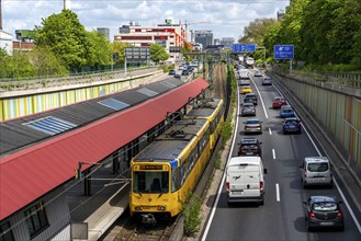 Motorway A40, Ruhrschnellweg, in the through road in Essen, noise barrier, tram, underground of the