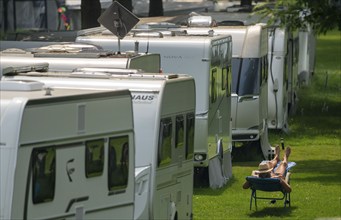 Campsite, caravan, person sunbathing, Mülheim an der Ruhr, North Rhine-Westphalia, Germany, Europe