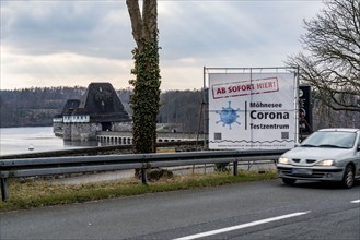 Corona test centre at the dam wall of Lake Möhne in Sauerland, North Rhine-Westphalia, Germany,