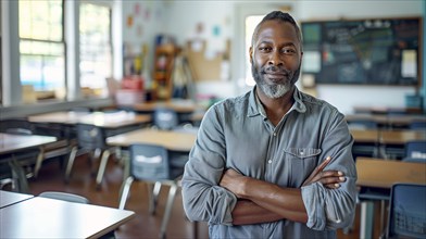 Proud african american male teacher standing in his classroom. generative AI, AI generated