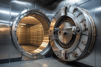 Open bank vault door, revealing a room filled with safety deposit boxes in safe depositary. The