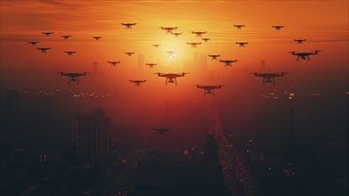 Swarm of UAV unmanned aircraft drones flying near the United States capitol at sunset, AI generated